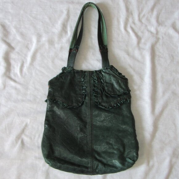 Vtg Lucky Brand Y2K Rocken Ruffles Distressed Leather Shoulder Bag Purse Green - Picture 2 of 6